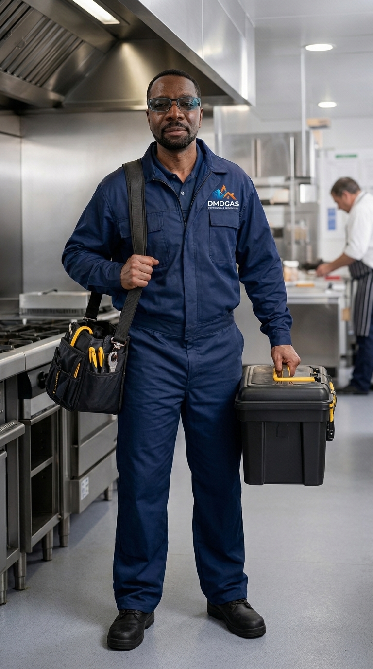 DMD Gas engineer on site in a commercial kitchen — placeholder, replace with a still from your own introduction video