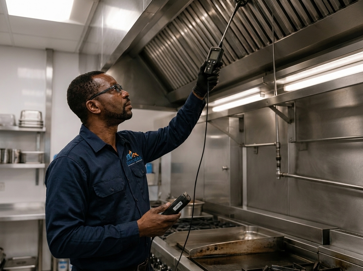 Gas Safe engineer inspecting a commercial kitchen extraction canopy with a gas detector
