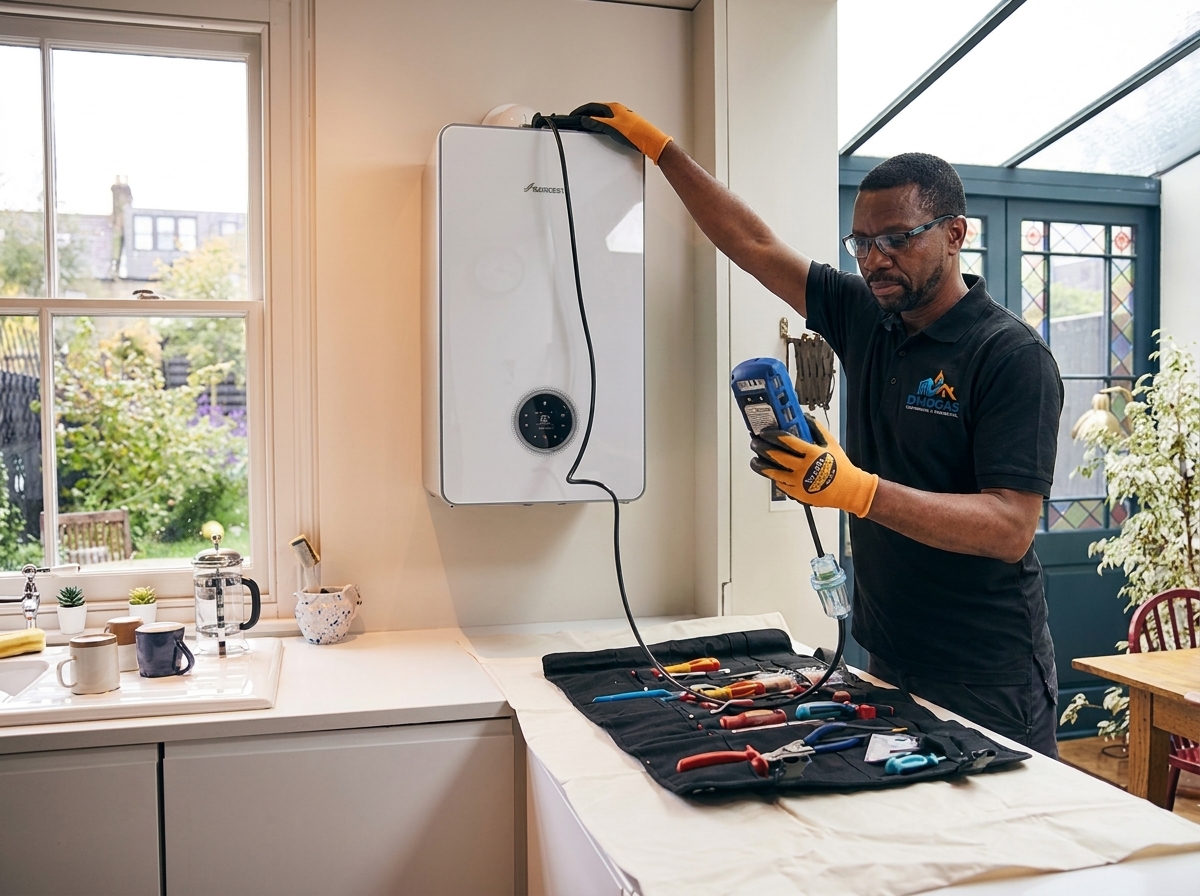Gas Safe engineer servicing a wall-mounted combi boiler in a residential kitchen