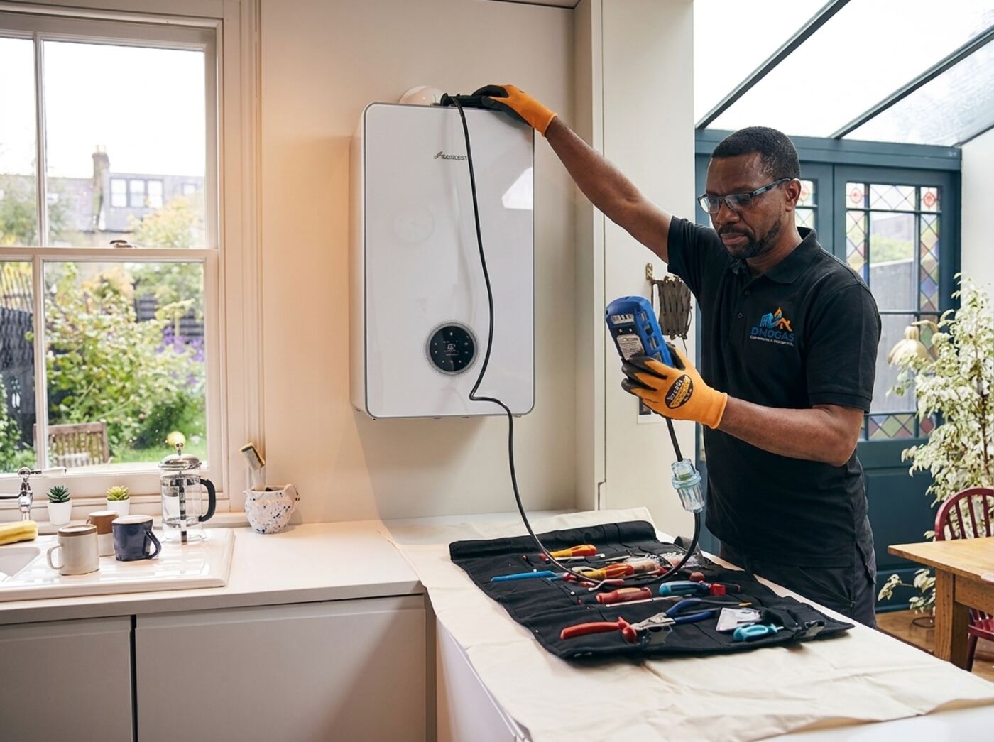 Gas Safe engineer servicing a wall-mounted combi boiler in a kitchen